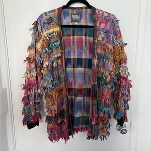 Vintage rare muslin mink Fringe Plaid Jacket with Open Front